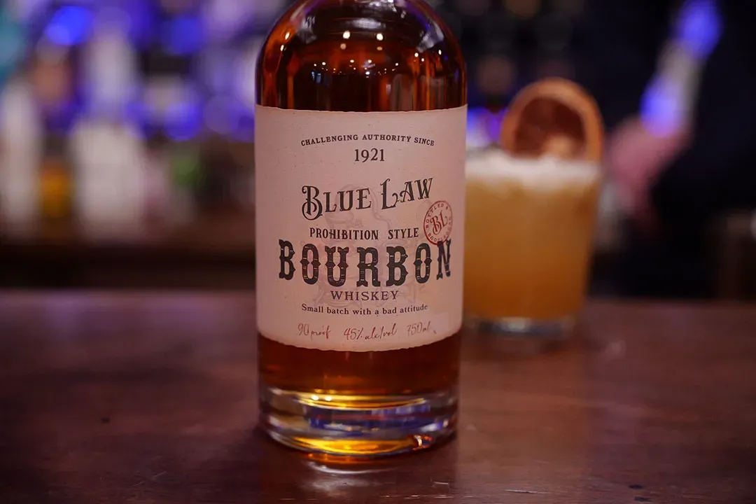 Blue law bourbon label closeup